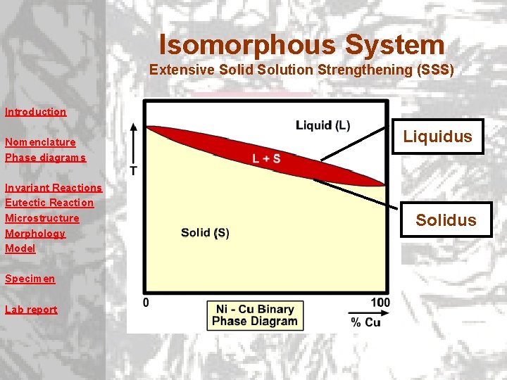 Isomorphous System Extensive Solid Solution Strengthening (SSS) Introduction Nomenclature Phase diagrams Invariant Reactions Eutectic Isomorphous System Extensive Solid Solution Strengthening (SSS) Introduction Nomenclature Phase diagrams Invariant Reactions Eutectic