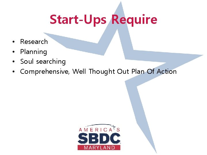 Start-Ups Require • • Research Planning Soul searching Comprehensive, Well Thought Out Plan Of