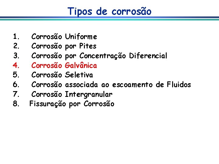 Tipos de corrosão 1. Corrosão Uniforme 2. Corrosão por Pites 3. Corrosão por Concentração