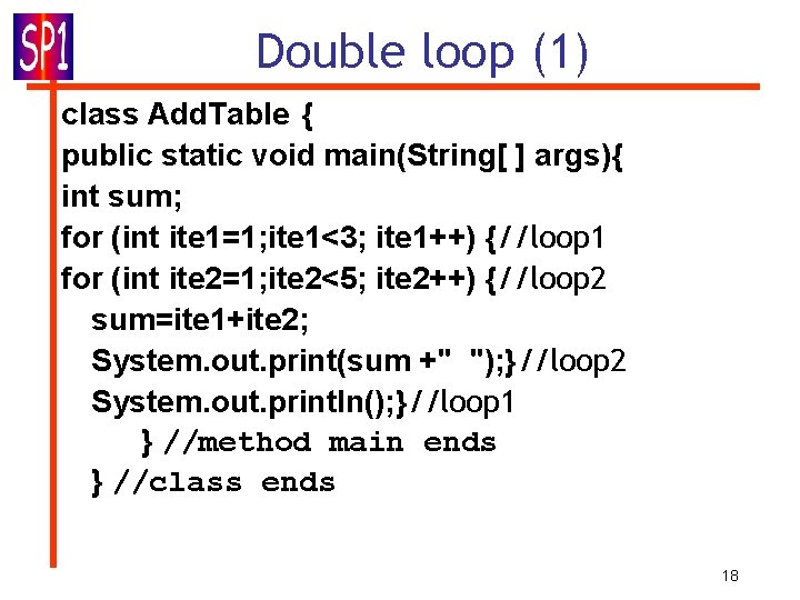 Double loop (1) class Add. Table { public static void main(String[ ] args){ int