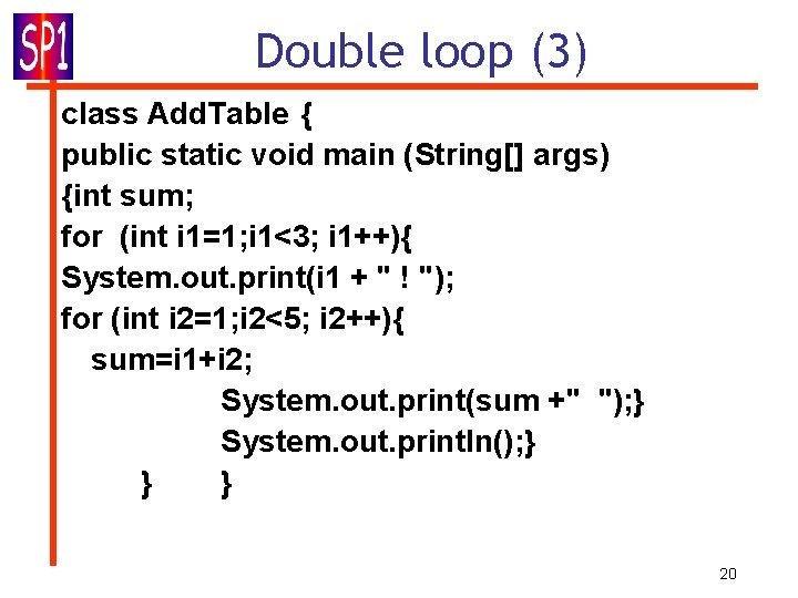 Double loop (3) class Add. Table { public static void main (String[] args) {int