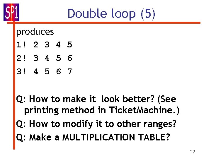 Double loop (5) produces 1! 2 3 4 5 2! 3 4 5 6