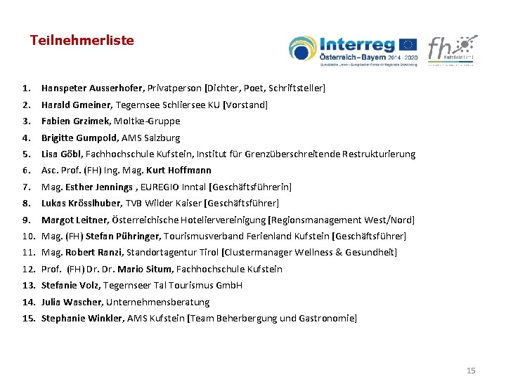 Teilnehmerliste 1. Hanspeter Ausserhofer, Privatperson [Dichter, Poet, Schriftsteller] 2. Harald Gmeiner, Tegernsee Schliersee KU