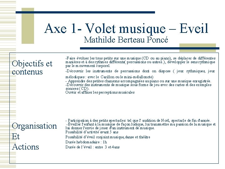 Axe 1 - Volet musique – Eveil Mathilde Berteau Poncé Objectifs et contenus Organisation