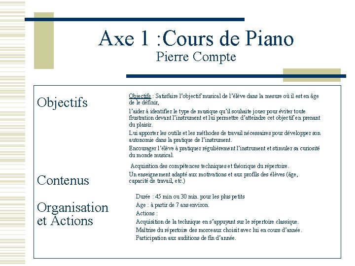 Axe 1 : Cours de Piano Pierre Compte Objectifs Contenus Organisation et Actions Objectifs