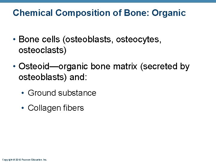 Chemical Composition of Bone: Organic • Bone cells (osteoblasts, osteocytes, osteoclasts) • Osteoid—organic bone Chemical Composition of Bone: Organic • Bone cells (osteoblasts, osteocytes, osteoclasts) • Osteoid—organic bone