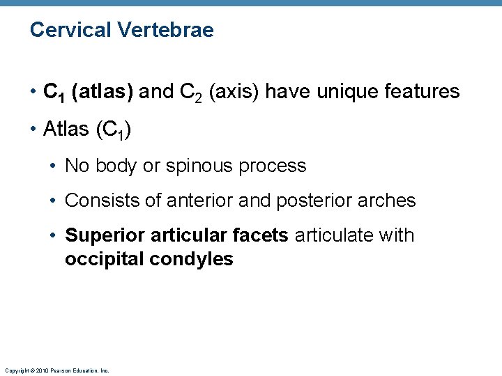 Cervical Vertebrae • C 1 (atlas) and C 2 (axis) have unique features • Cervical Vertebrae • C 1 (atlas) and C 2 (axis) have unique features •