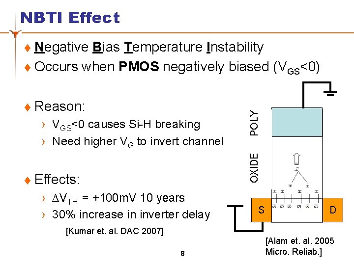 NBTI Effect Negative Bias Temperature Instability t Occurs when PMOS negatively biased (VGS<0) t