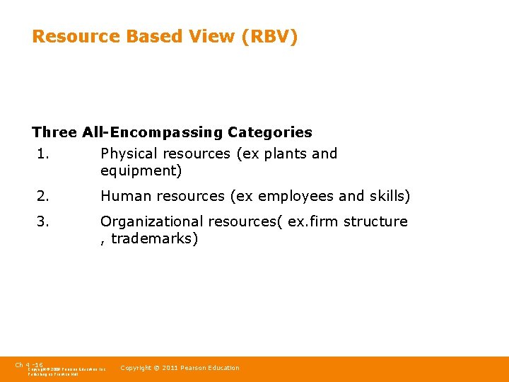 Resource Based View (RBV) Three All-Encompassing Categories 1. Physical resources (ex plants and equipment)
