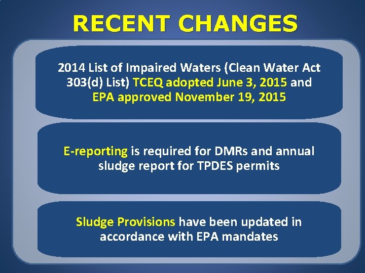 RECENT CHANGES 2014 List of Impaired Waters (Clean Water Act 303(d) List) TCEQ adopted
