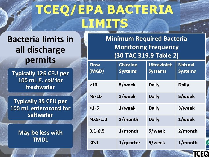 TCEQ/EPA BACTERIA LIMITS Bacteria limits in all discharge permits Typically 126 CFU per 100