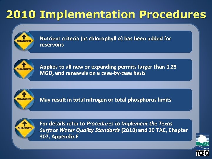 2010 Implementation Procedures Nutrient criteria (as chlorophyll a) has been added for reservoirs Applies