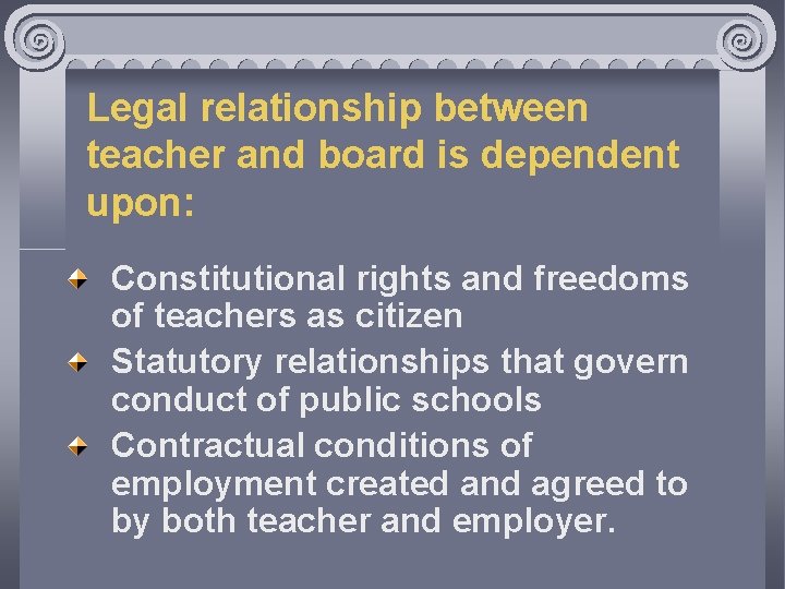 Legal relationship between teacher and board is dependent upon: Constitutional rights and freedoms of