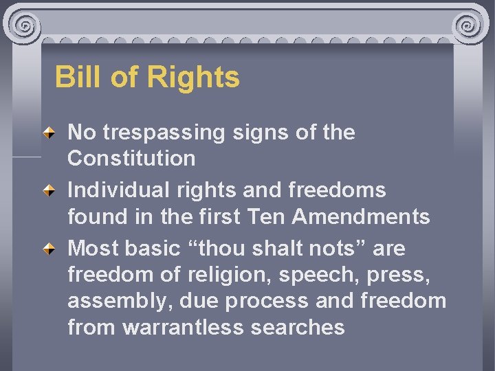 Bill of Rights No trespassing signs of the Constitution Individual rights and freedoms found