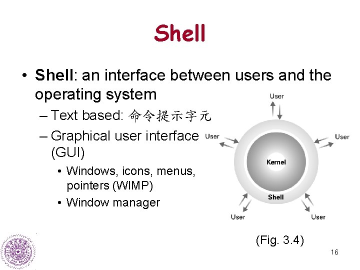 Shell • Shell: an interface between users and the operating system – Text based:
