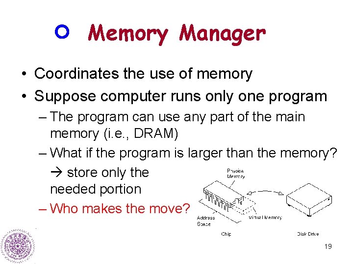 Memory Manager • Coordinates the use of memory • Suppose computer runs only one