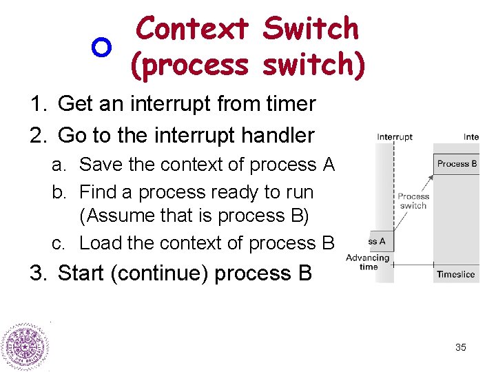 Context Switch (process switch) 1. Get an interrupt from timer 2. Go to the