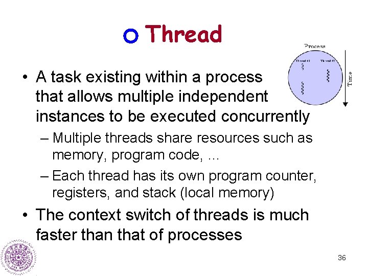 Thread • A task existing within a process that allows multiple independent instances to