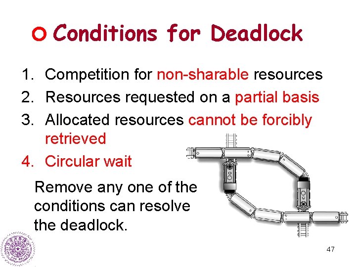 Conditions for Deadlock 1. Competition for non-sharable resources 2. Resources requested on a partial
