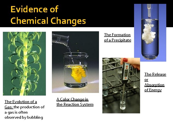 Evidence of Chemical Changes The Formation of a Precipitate The Release or Absorption of Evidence of Chemical Changes The Formation of a Precipitate The Release or Absorption of