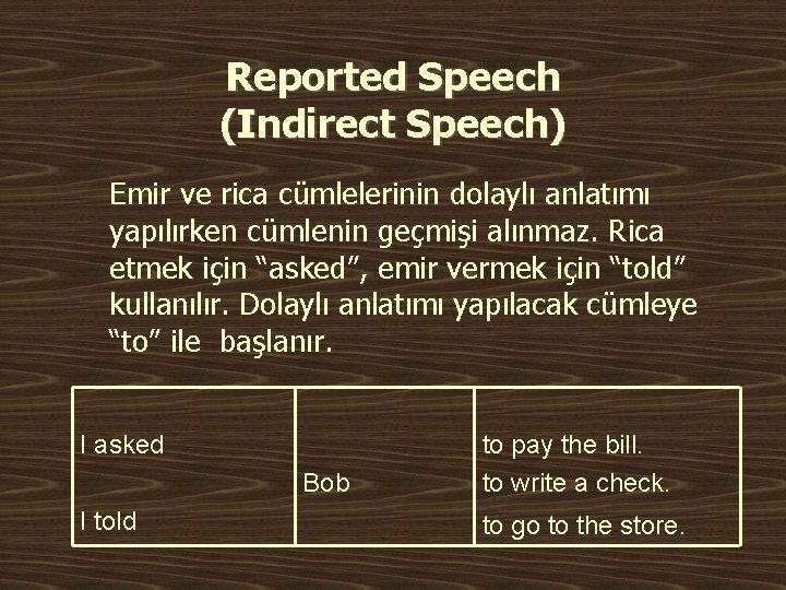 Reported Speech (Indirect Speech) Emir ve rica cümlelerinin dolaylı anlatımı yapılırken cümlenin geçmişi alınmaz.