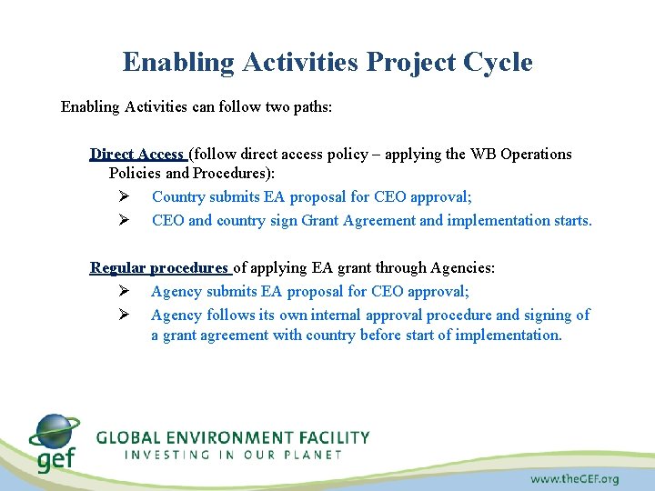 Enabling Activities Project Cycle Enabling Activities can follow two paths: Direct Access (follow direct