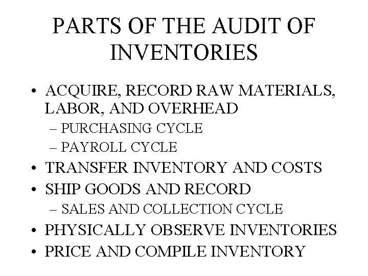 PARTS OF THE AUDIT OF INVENTORIES • ACQUIRE, RECORD RAW MATERIALS, LABOR, AND OVERHEAD PARTS OF THE AUDIT OF INVENTORIES • ACQUIRE, RECORD RAW MATERIALS, LABOR, AND OVERHEAD