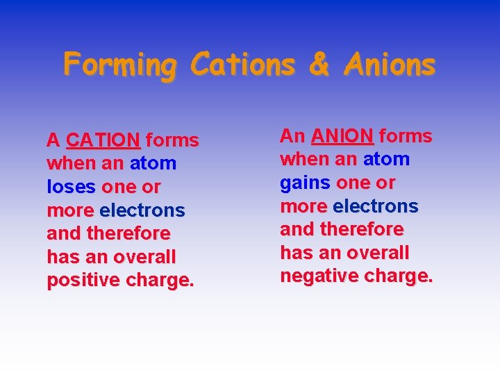 Forming Cations & Anions A CATION forms when an atom loses one or more