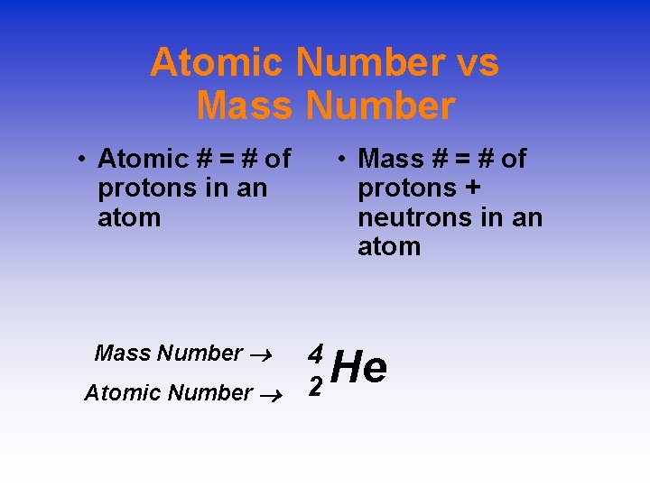 Atomic Number vs Mass Number • Atomic # = # of protons in an