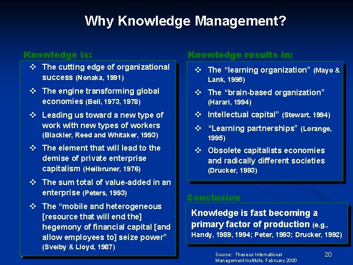 Why Knowledge Management? Knowledge is: Knowledge results in: v The cutting edge of organizational