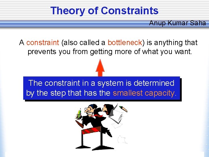 Theory of Constraints Anup Kumar Saha A constraint (also called a bottleneck) is anything