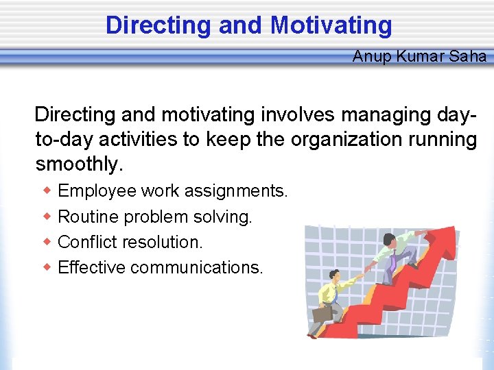 Directing and Motivating Anup Kumar Saha Directing and motivating involves managing dayto-day activities to