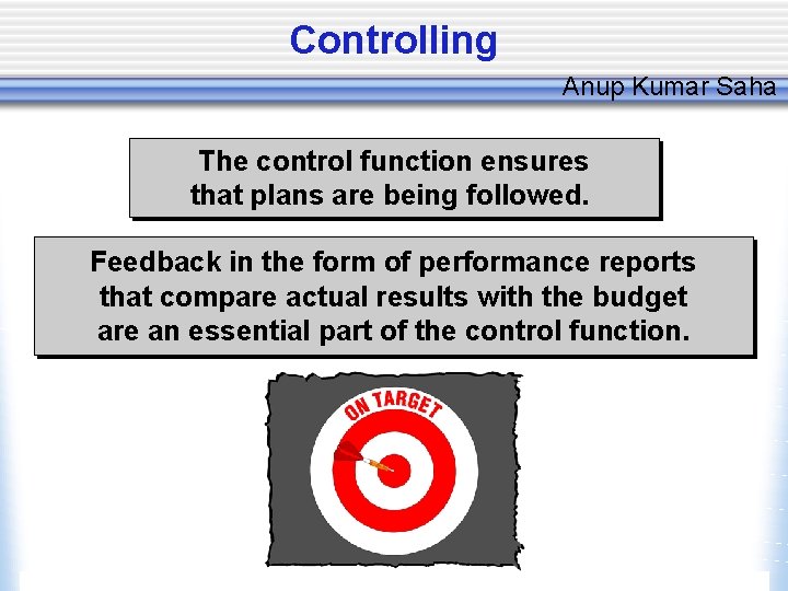 Controlling Anup Kumar Saha The control function ensures that plans are being followed. Feedback