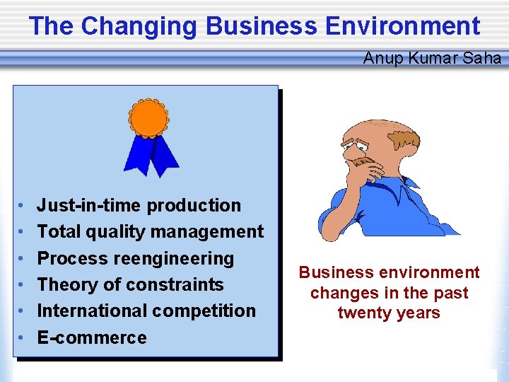 The Changing Business Environment Anup Kumar Saha • • • Just-in-time production Total quality