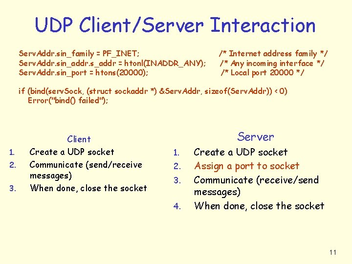 UDP Client/Server Interaction Serv. Addr. sin_family = PF_INET; Serv. Addr. sin_addr. s_addr = htonl(INADDR_ANY);