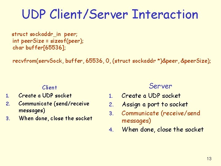UDP Client/Server Interaction struct sockaddr_in peer; int peer. Size = sizeof(peer); char buffer[65536]; recvfrom(serv.