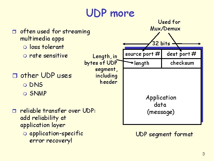 UDP more Used for Mux/Demux r often used for streaming multimedia apps m loss