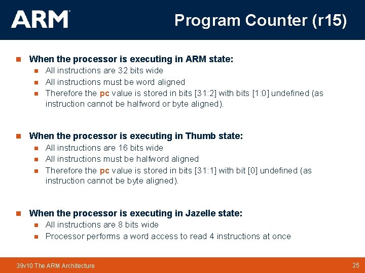 Program Counter (r 15) n When the processor is executing in ARM state: n Program Counter (r 15) n When the processor is executing in ARM state: n