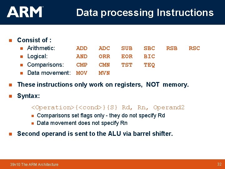 Data processing Instructions n Consist of : n n Arithmetic: Logical: Comparisons: Data movement: Data processing Instructions n Consist of : n n Arithmetic: Logical: Comparisons: Data movement: