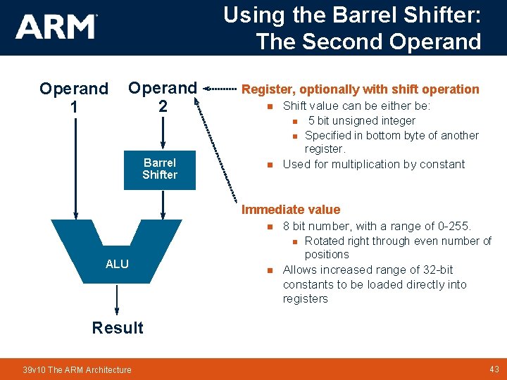 Using the Barrel Shifter: The Second Operand 1 Operand 2 Register, optionally with shift Using the Barrel Shifter: The Second Operand 1 Operand 2 Register, optionally with shift