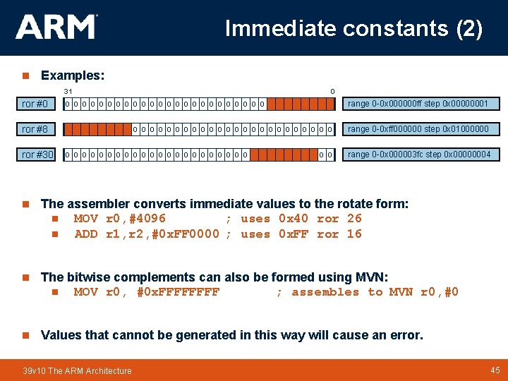 Immediate constants (2) n Examples: 31 ror #0 range 0 -0 x 000000 ff Immediate constants (2) n Examples: 31 ror #0 range 0 -0 x 000000 ff