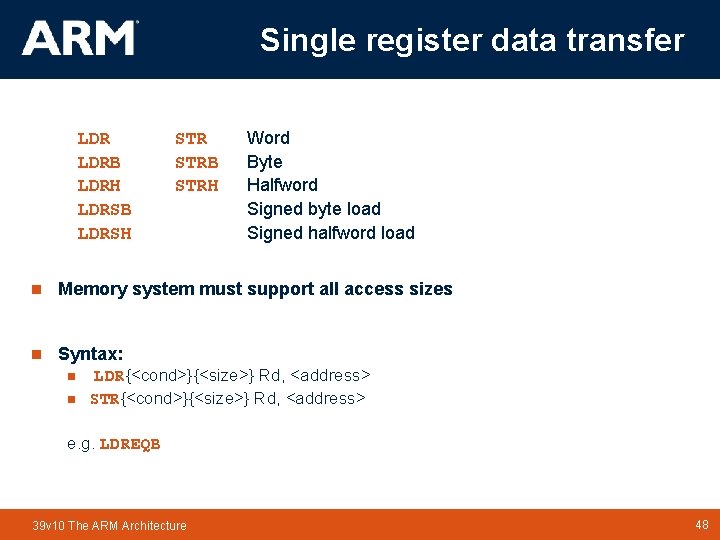 Single register data transfer LDRB LDRH LDRSB LDRSH STRB STRH Word Byte Halfword Signed Single register data transfer LDRB LDRH LDRSB LDRSH STRB STRH Word Byte Halfword Signed