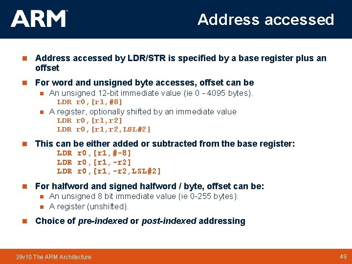 Address accessed n Address accessed by LDR/STR is specified by a base register plus Address accessed n Address accessed by LDR/STR is specified by a base register plus
