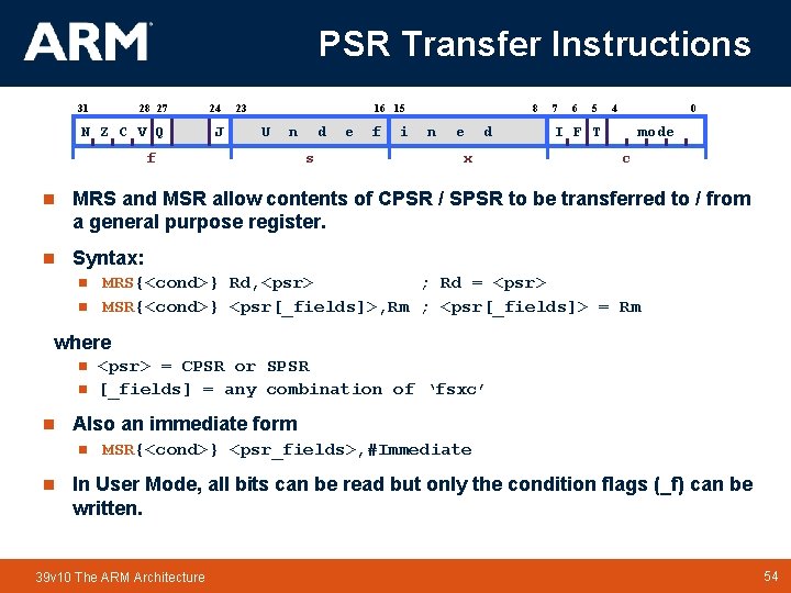 PSR Transfer Instructions 31 28 27 N Z C V Q 24 J 23 PSR Transfer Instructions 31 28 27 N Z C V Q 24 J 23