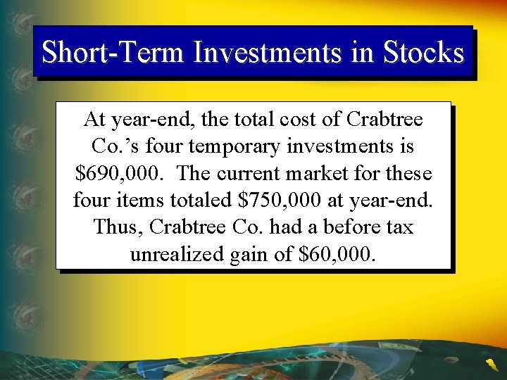 Short-Term Investments in Stocks At year-end, the total cost of Crabtree Co. ’s four