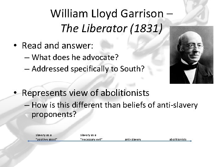 William Lloyd Garrison – The Liberator (1831) • Read answer: – What does he