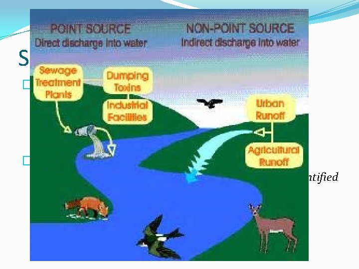 Sources of Water Pollution �Point-source pollution �Pollution that comes from a single site �Examples: