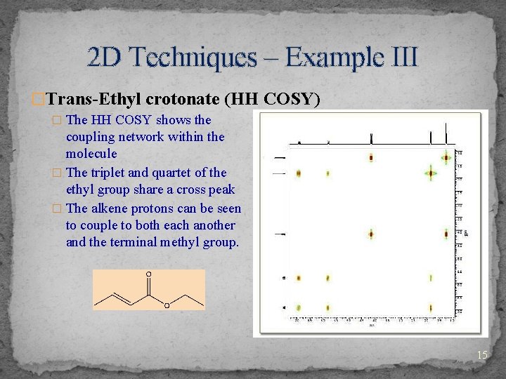 2 D Techniques – Example III �Trans-Ethyl crotonate (HH COSY) � The HH COSY