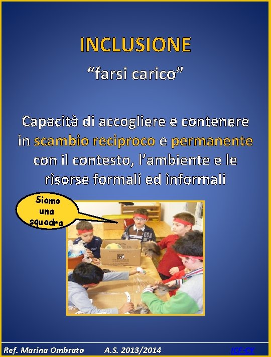 INCLUSIONE “farsi carico” Capacità di accogliere e contenere in scambio reciproco e permanente con