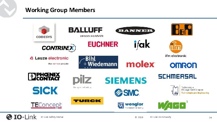 Working Group Members IO-Link Safety Status © 2019 IO-Link Community 24 